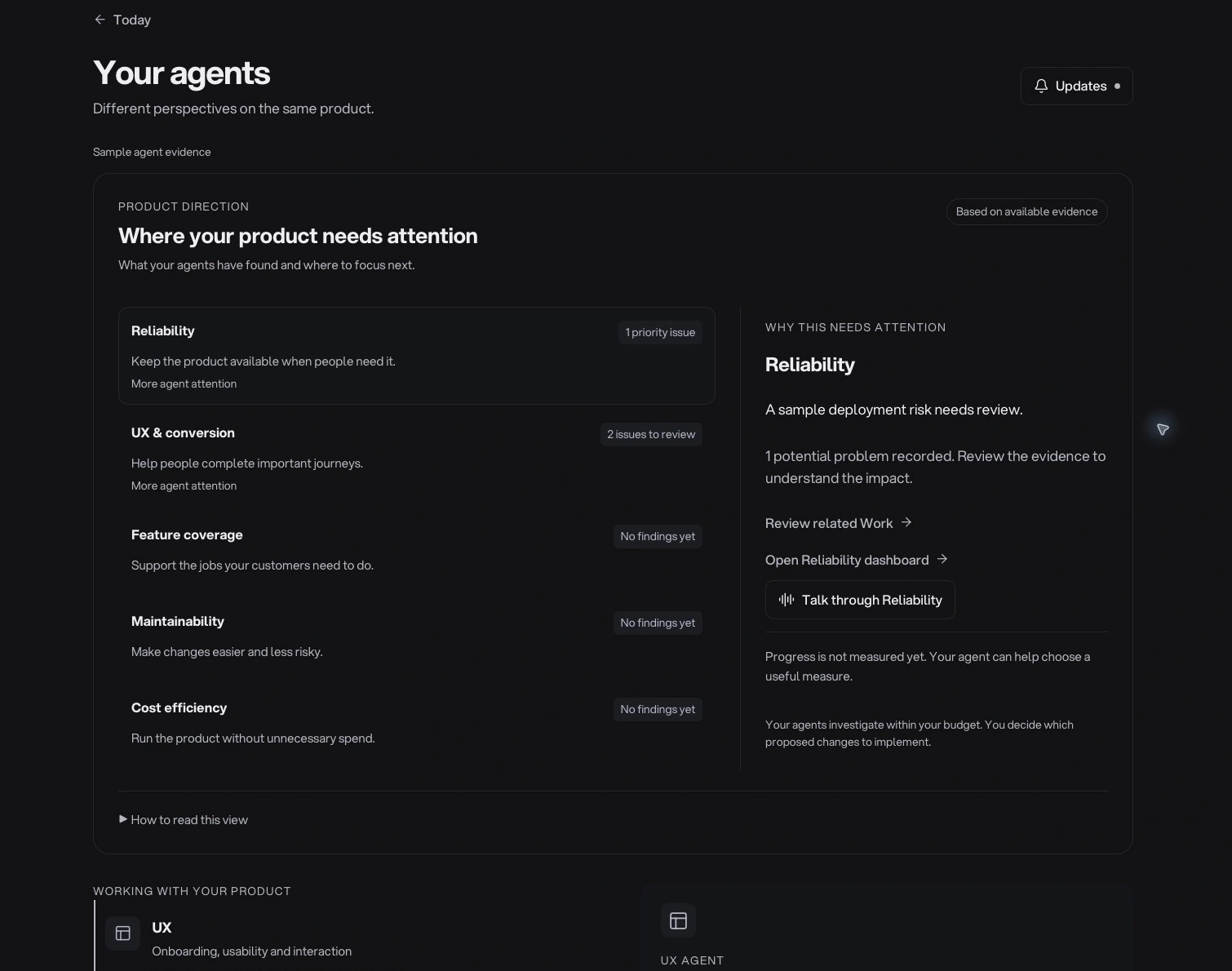 Actionairy Your agents showing sample product direction, focus areas and specialist perspectives.