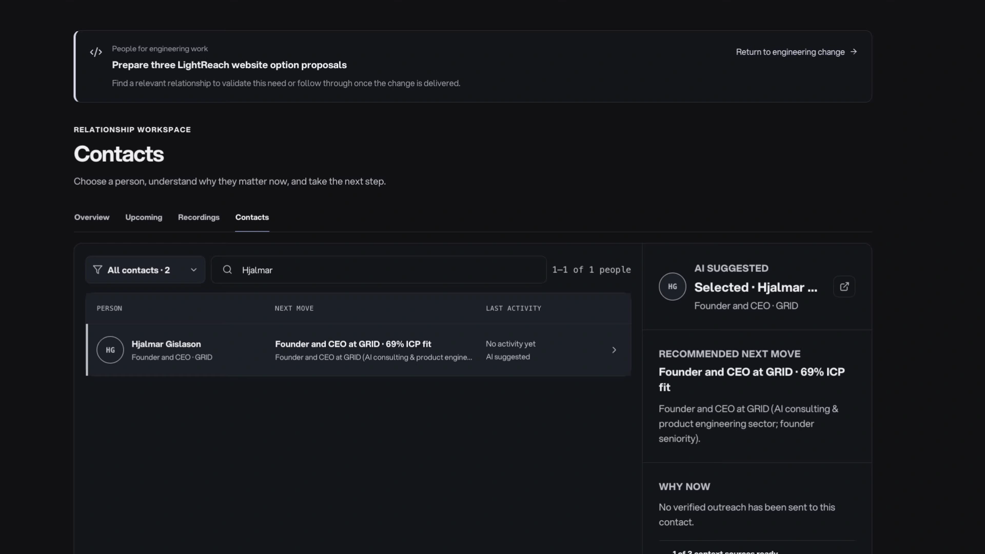 Actionairy People showing a public founder profile and its AI-suggested next move within the same Work context.