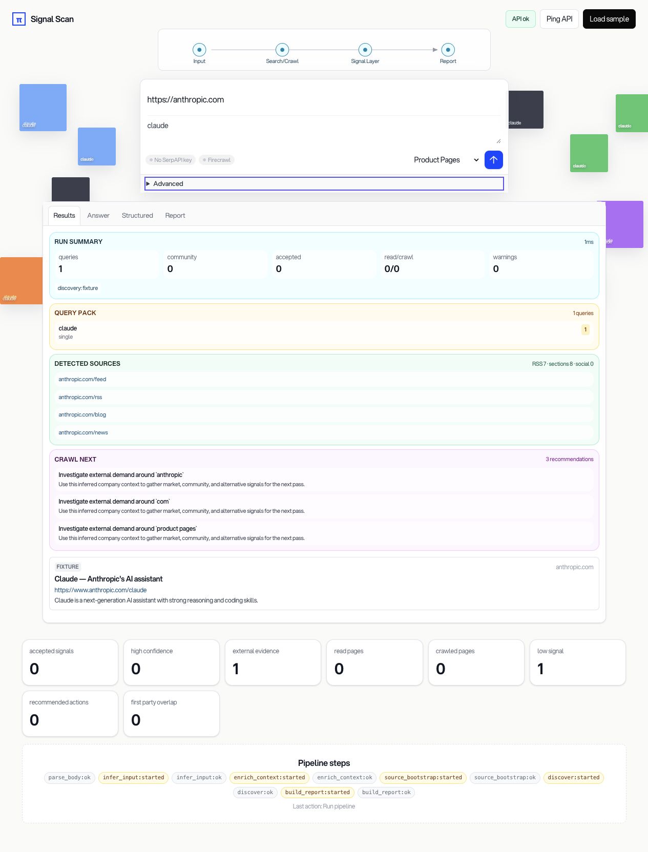 Crawl completing a source-linked product scan with a query pack, detected sources, and run summary.